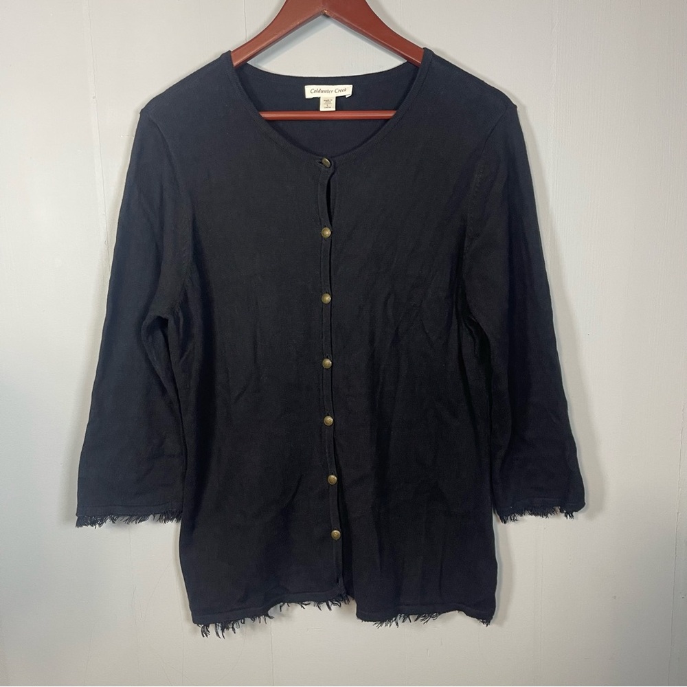 Cotton Cashmere Wool Black Button Cardigan Sweater Large 3/4 Sleeve Casual Layer